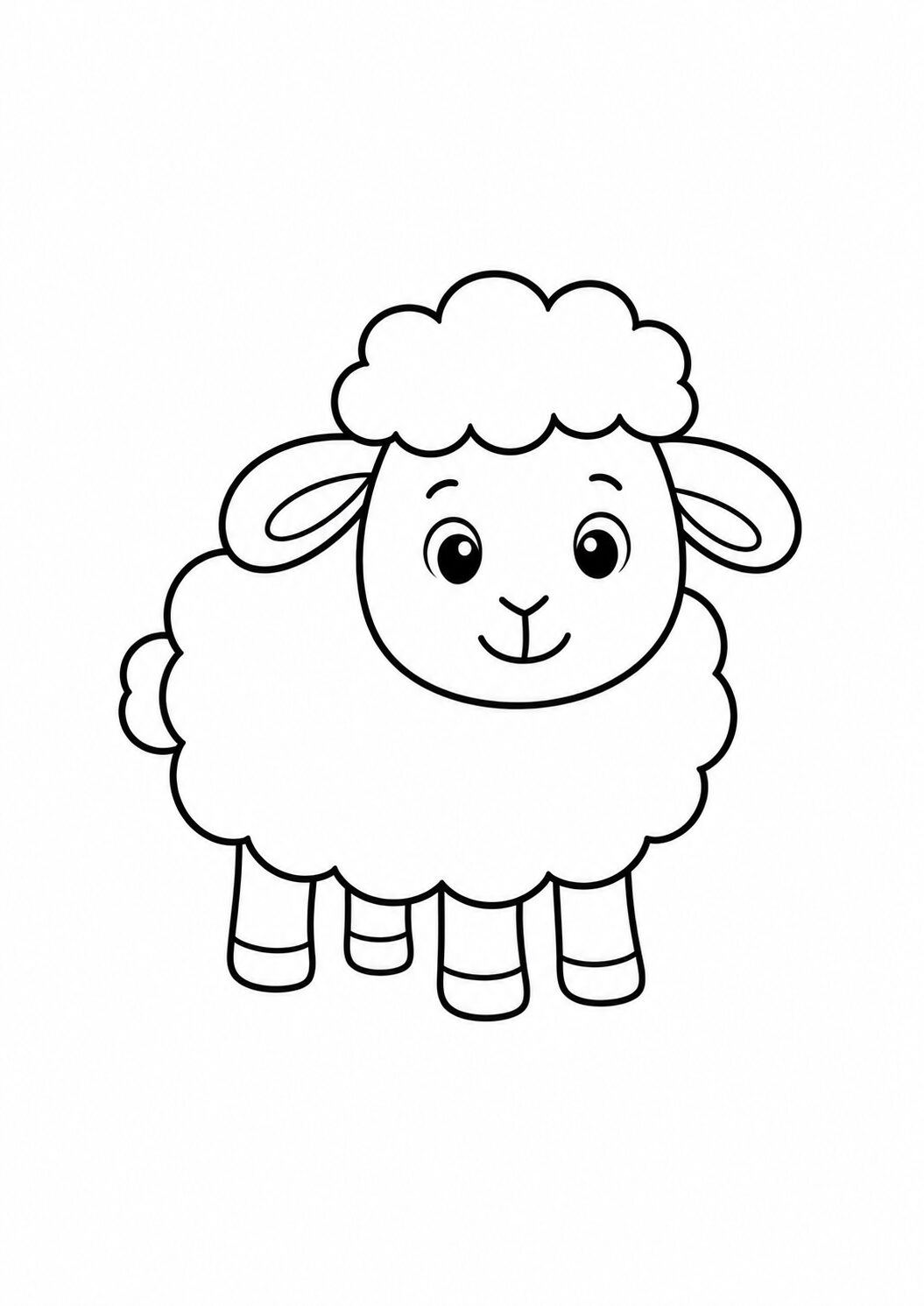 A coloring page with an adorable cute sheep. The sheep has a fluffy woolly body and a cheerful expression, inviting children to color and have fun. Perfect for a creative and educational activity for kids to learn about farm animals.