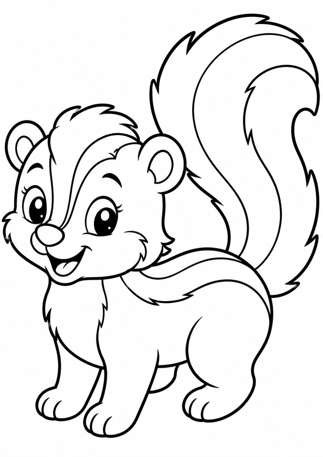 A cute skunk with a friendly face and bushy tail, outlined in a coloring page. Perfect for children to enjoy and develop their artistic skills through coloring. The image captures a joyful representation of animals, encouraging creative expression.