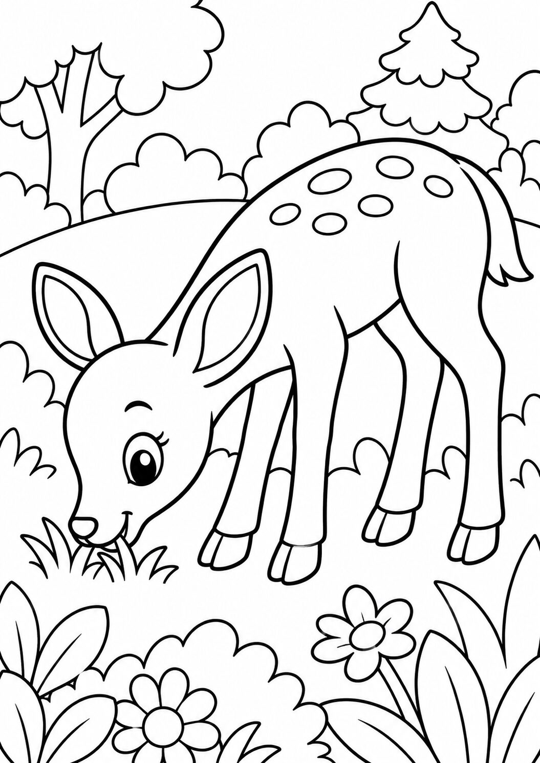 A delightful coloring page showing a young deer in a meadow with trees and flowers, providing a creative outlet for children to explore colors and enhance their artistic skills.