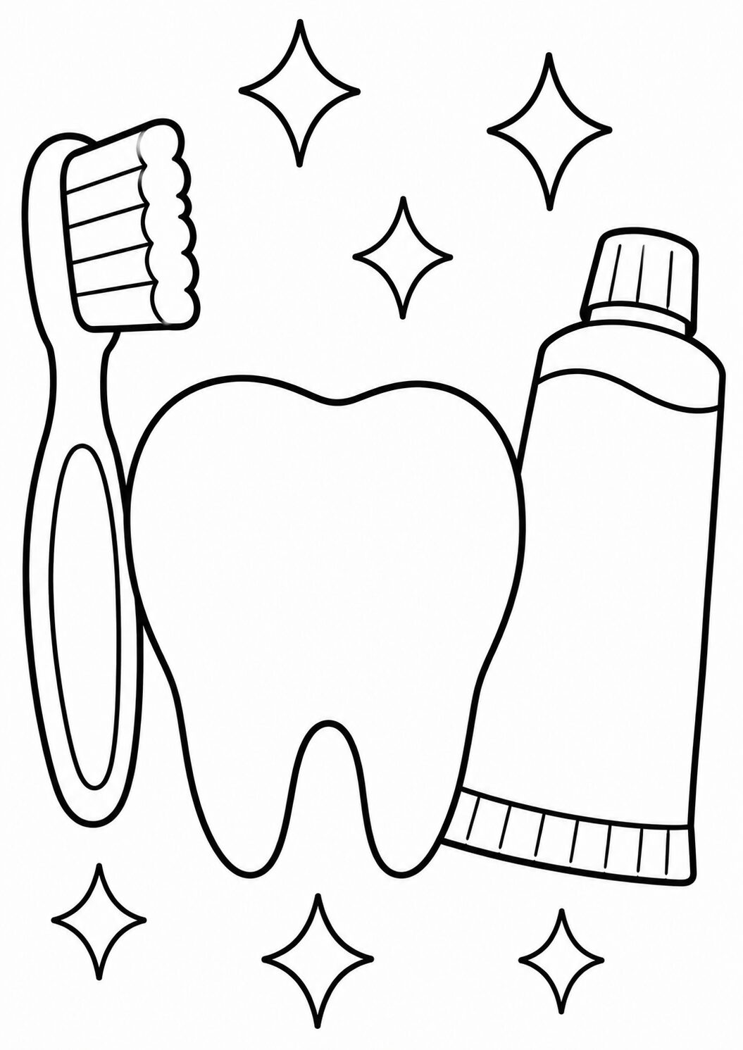 A children's coloring page with a tooth, toothbrush, toothpaste, and stars emphasizing dental hygiene. Engages kids in learning about oral care through a fun activity.