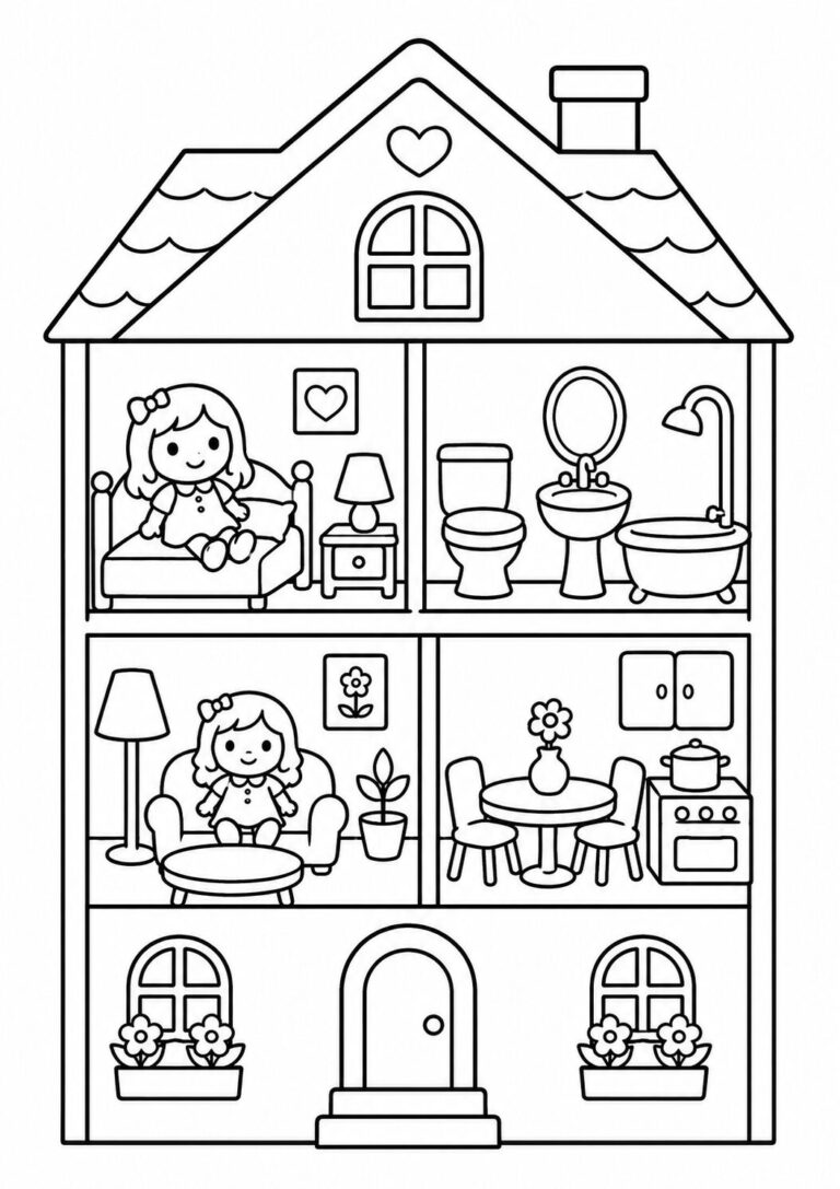 A coloring page of a dollhouse featuring various rooms and furniture. Kids can color the bedroom, living room, and kitchen, enhancing their creativity.