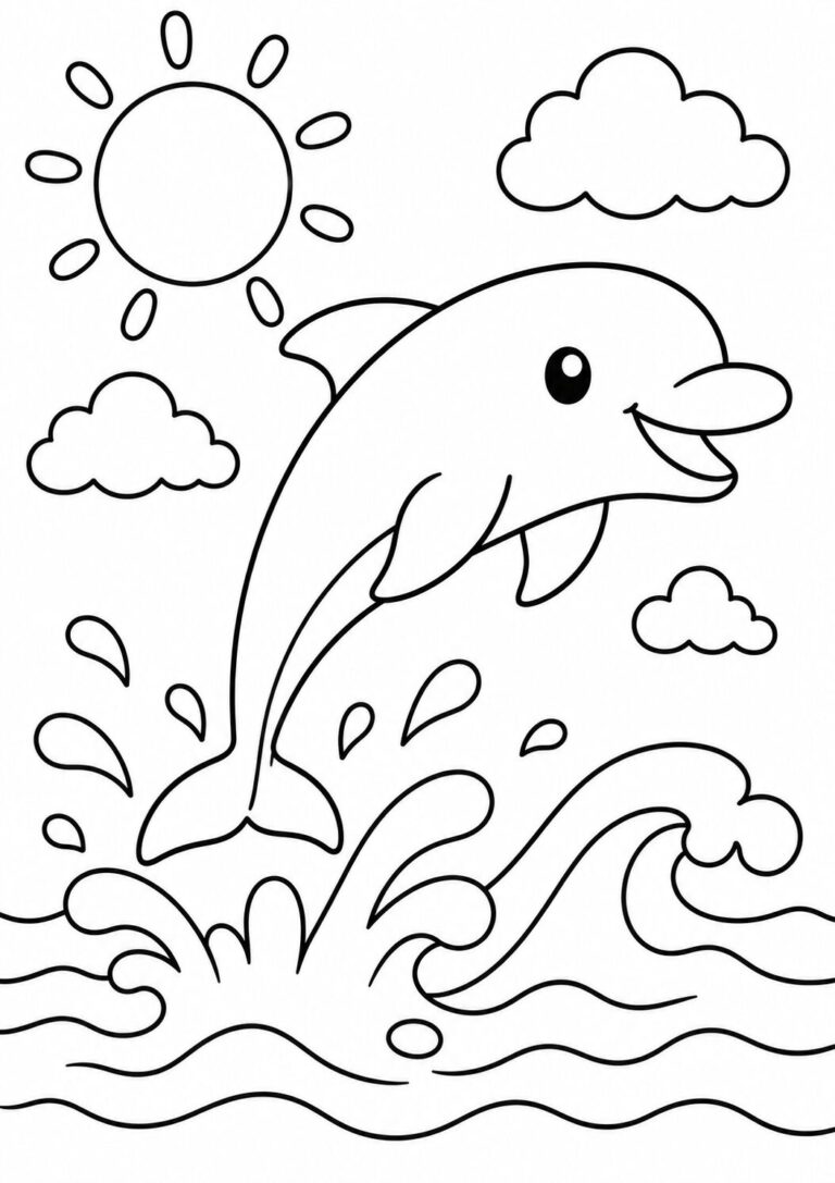 A playful dolphin leaps from the ocean beneath the sun and clouds. Perfect for children to color, enhancing creativity with a fun ocean theme.
