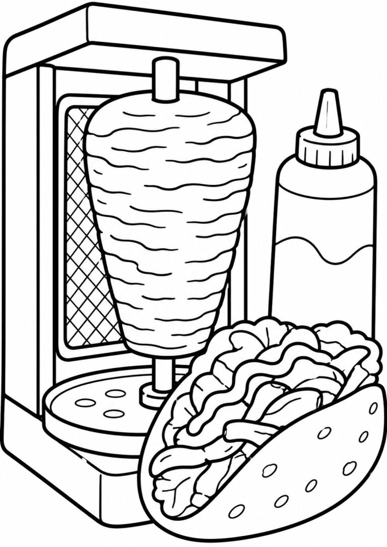 The coloring page displays a döner kebab scene, with a vertical meat spit, open pita bread filled with lettuce, and a sauce bottle. This educational drawing encourages children to explore their artistic skills while learning about food.