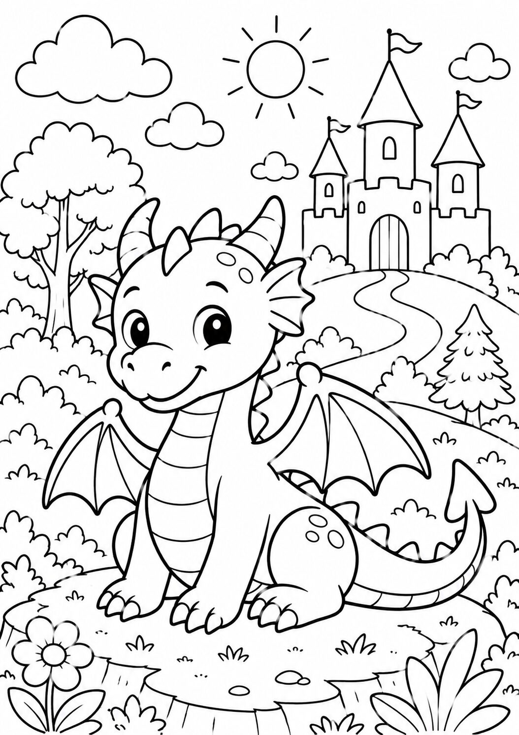 A children's coloring page with a friendly dragon on a hill, a castle in the background, surrounded by trees, clouds, and flowers in a sunny scene.