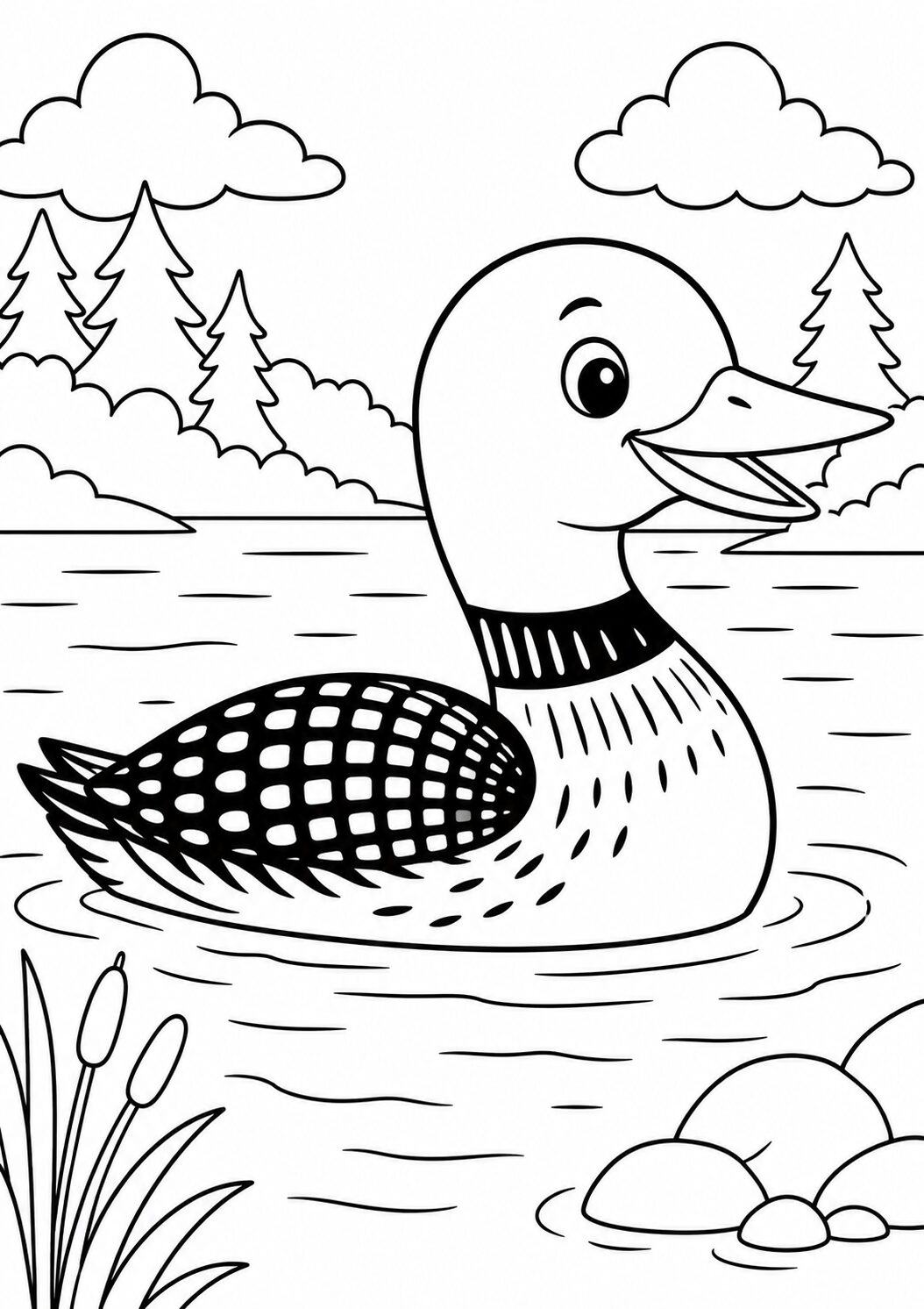 Children's coloring page depicting a cheerful duck floating on a tranquil lake with trees and grasses in the backdrop, suitable for inspiring artistic expression and learning about nature.