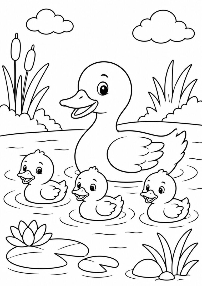 A cute duck family swimming in a pond with three ducklings, surrounded by lily pads, clouds, and reeds. Children can color the scene and enjoy the natural setting.
