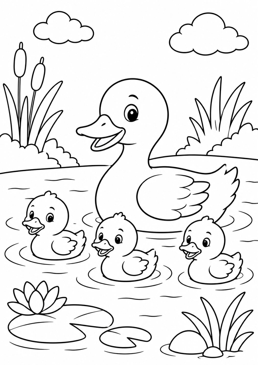 A cute duck family swimming in a pond with three ducklings, surrounded by lily pads, clouds, and reeds. Children can color the scene and enjoy the natural setting.
