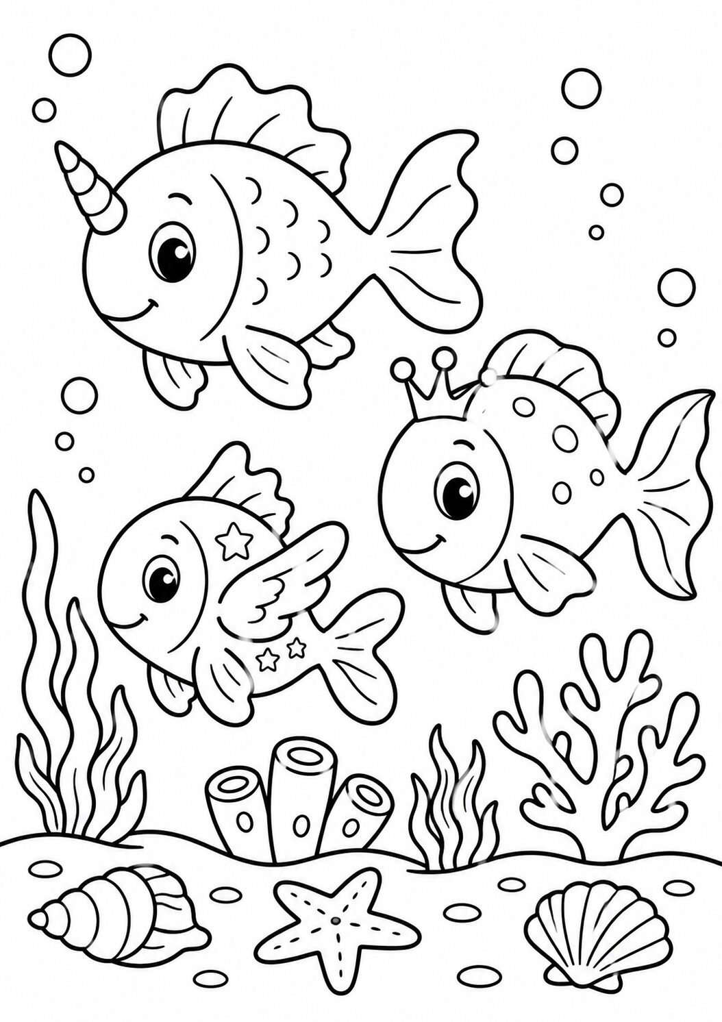 A captivating coloring page with three fantasy fish, including one with a unicorn horn and another with a crown, set in a detailed underwater scene with coral, seaweed, and shells.