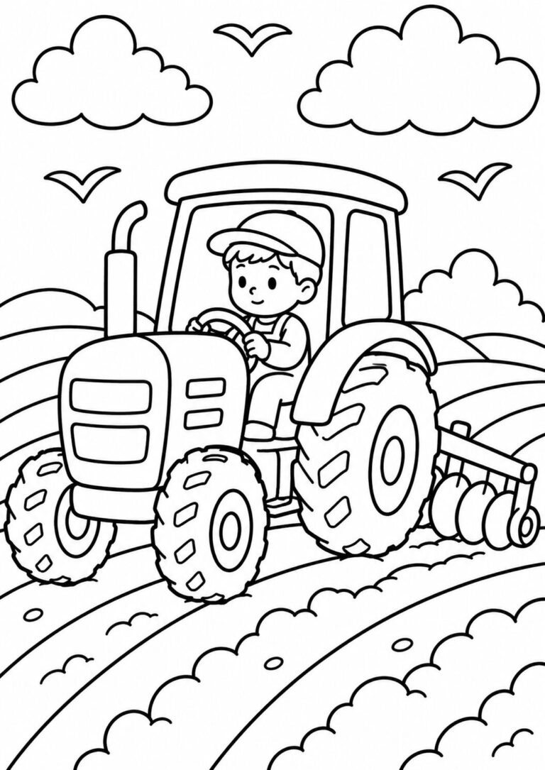 A cheerful young farmer driving a big tractor across fields with clouds and crops, designed for children to color and enjoy.
