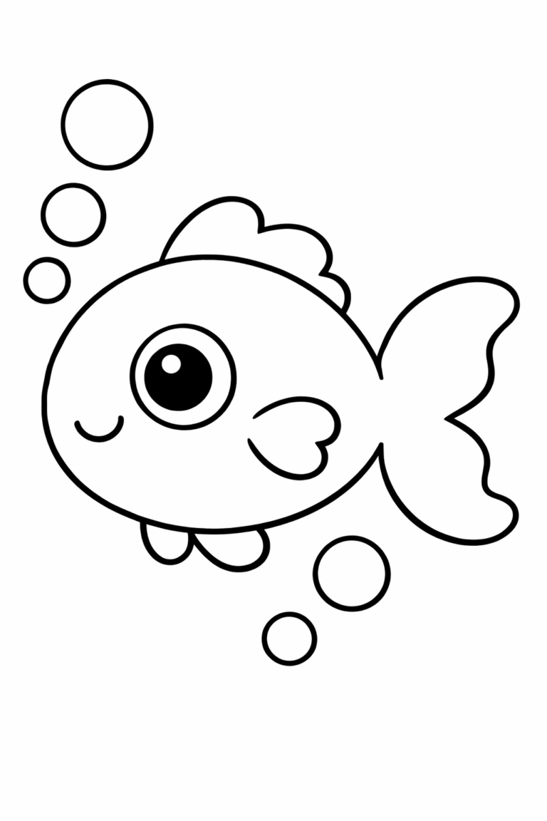 Cute fish coloring page for kids, featuring a cartoon fish with a big eye and bubbles. Great for creative play and learning about sea life.