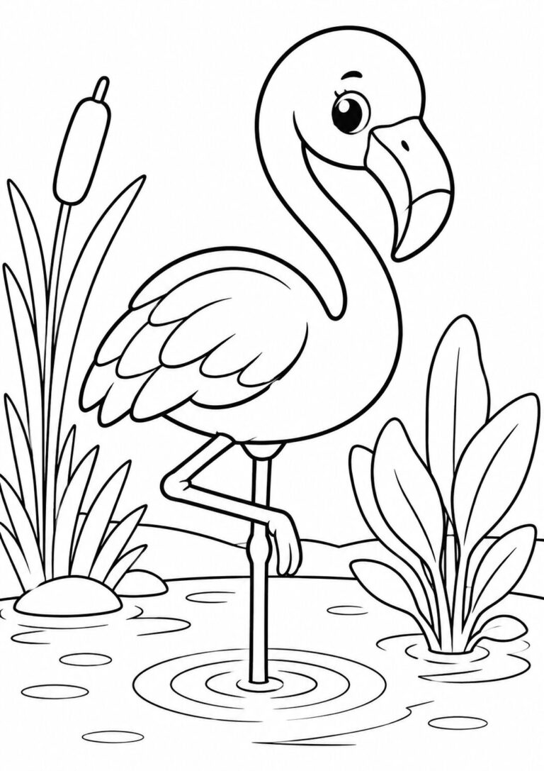 A charming flamingo stands in a pond on this coloring page, surrounded by plants. It's designed for kids to color, encouraging creativity and providing an educational experience about nature.