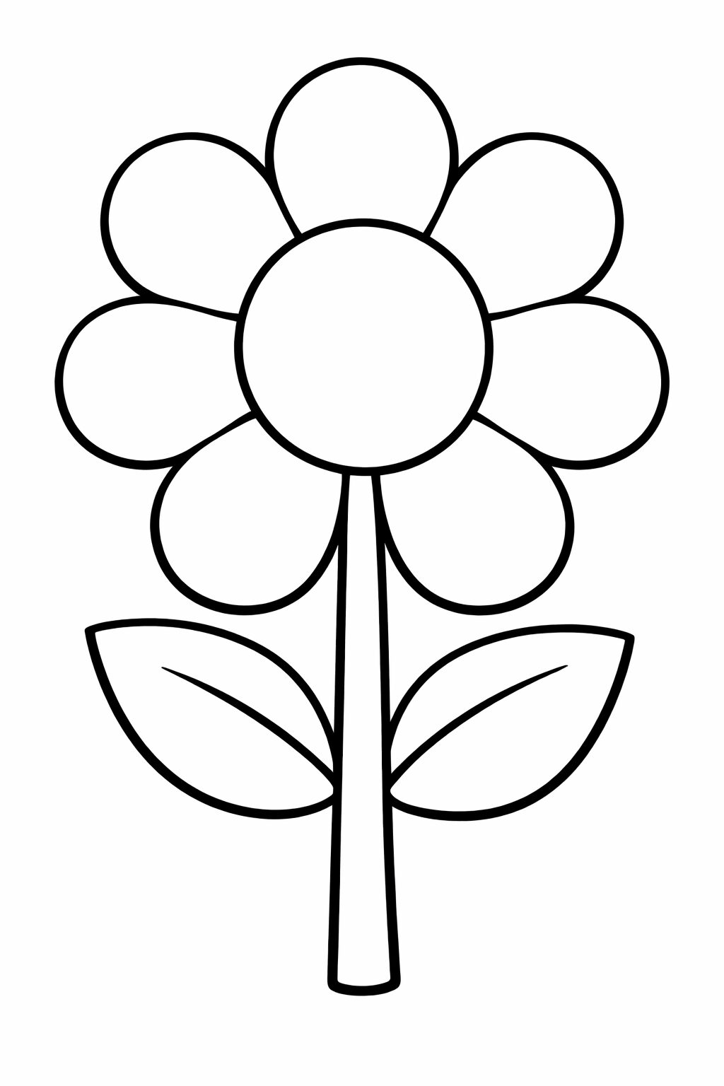 A simple and delightful flower coloring page featuring a flower with seven petals and two leaves, designed for children to use a variety of colors and express their creativity.