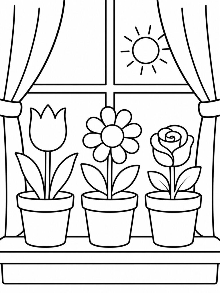 A delightful coloring page showing potted flowers on a windowsill. Includes a tulip, daisy, and rose, set against a sunny window with curtains.
