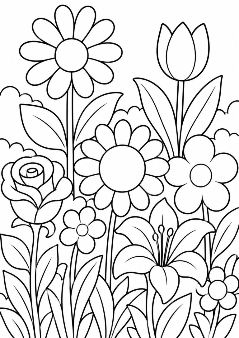 A delightful coloring page showing various flowers in a garden setting, ideal for children to color using their creativity.