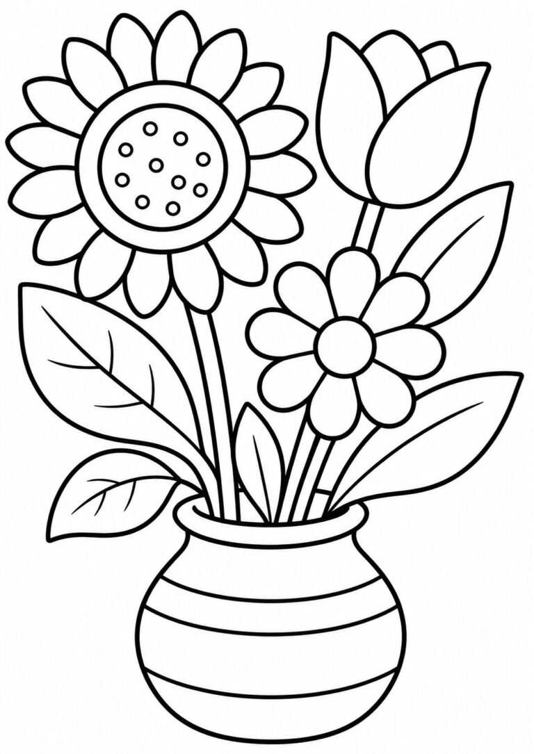 A coloring page featuring a detailed outline of a sunflower, daisy, and tulip in a vase. The simple design allows for easy coloring, encouraging kids to use bright and varied colors.
