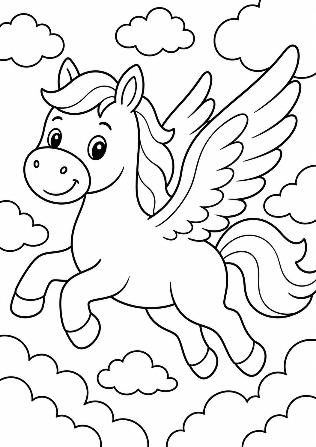 A delightful coloring page of a flying pony with wide wings amidst fluffy clouds, inviting children to use their imagination and color a magical sky adventure.