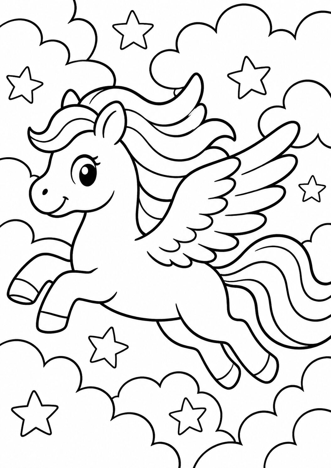 A delightful coloring page of a unicorn with wings flying among stars and clouds, perfect for kids' creativity.