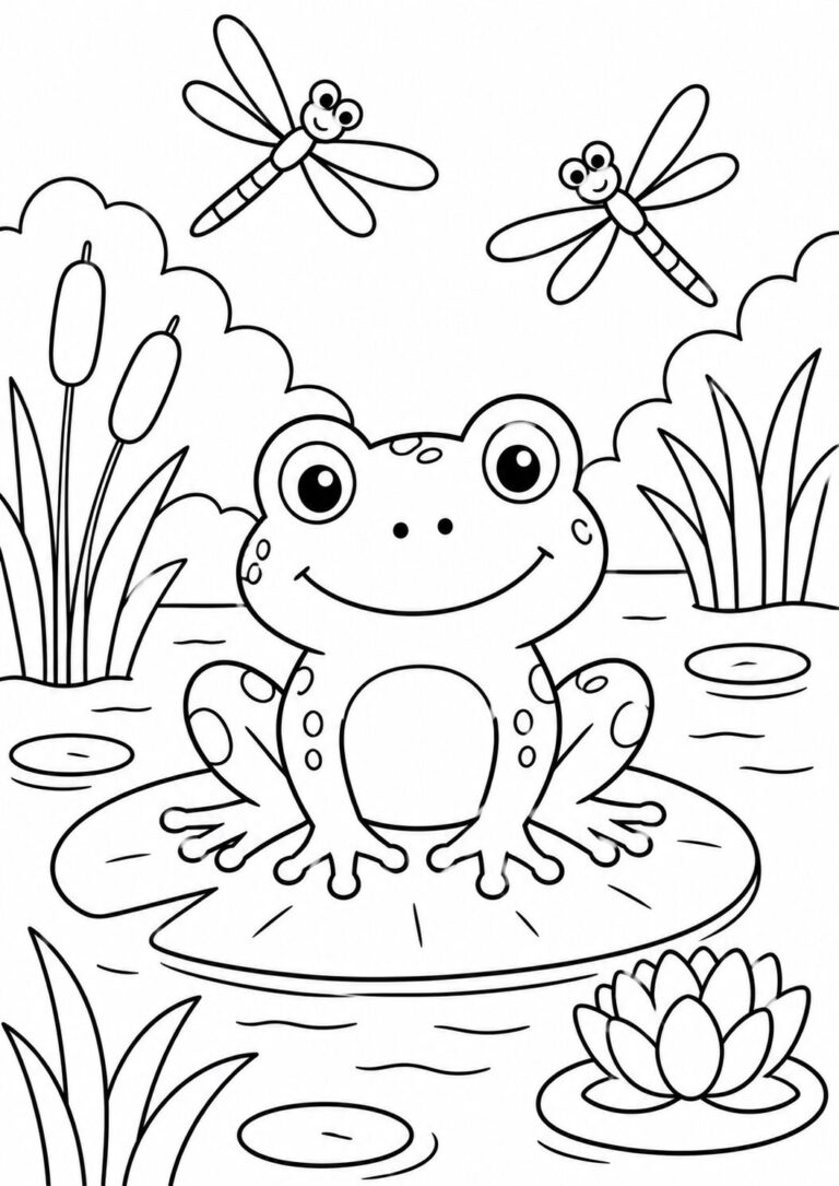 A charming coloring page depicting a frog on a lily pad, complete with playful dragonflies and surrounding pond vegetation, perfect for children's coloring fun.