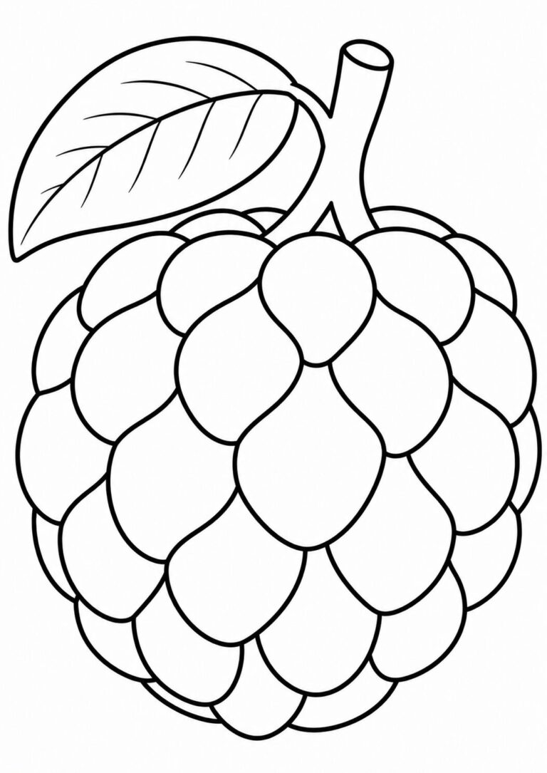 Detailed fruit with a single leaf for children to color. Encourages creativity and artistic expression. Helps with color recognition and matching skills for developing young artists.
