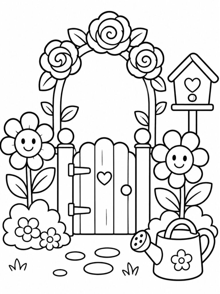A coloring page showing a charming garden gate with flowers and a birdhouse. Kids can color a watering can, and smiling flowers, creating a garden scene.