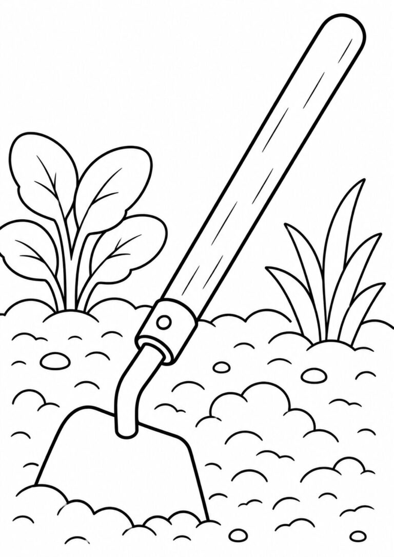 A children's coloring page showing a garden tool handle beside sprouting leaves, offering a simple outline for kids to color and learn about gardening.