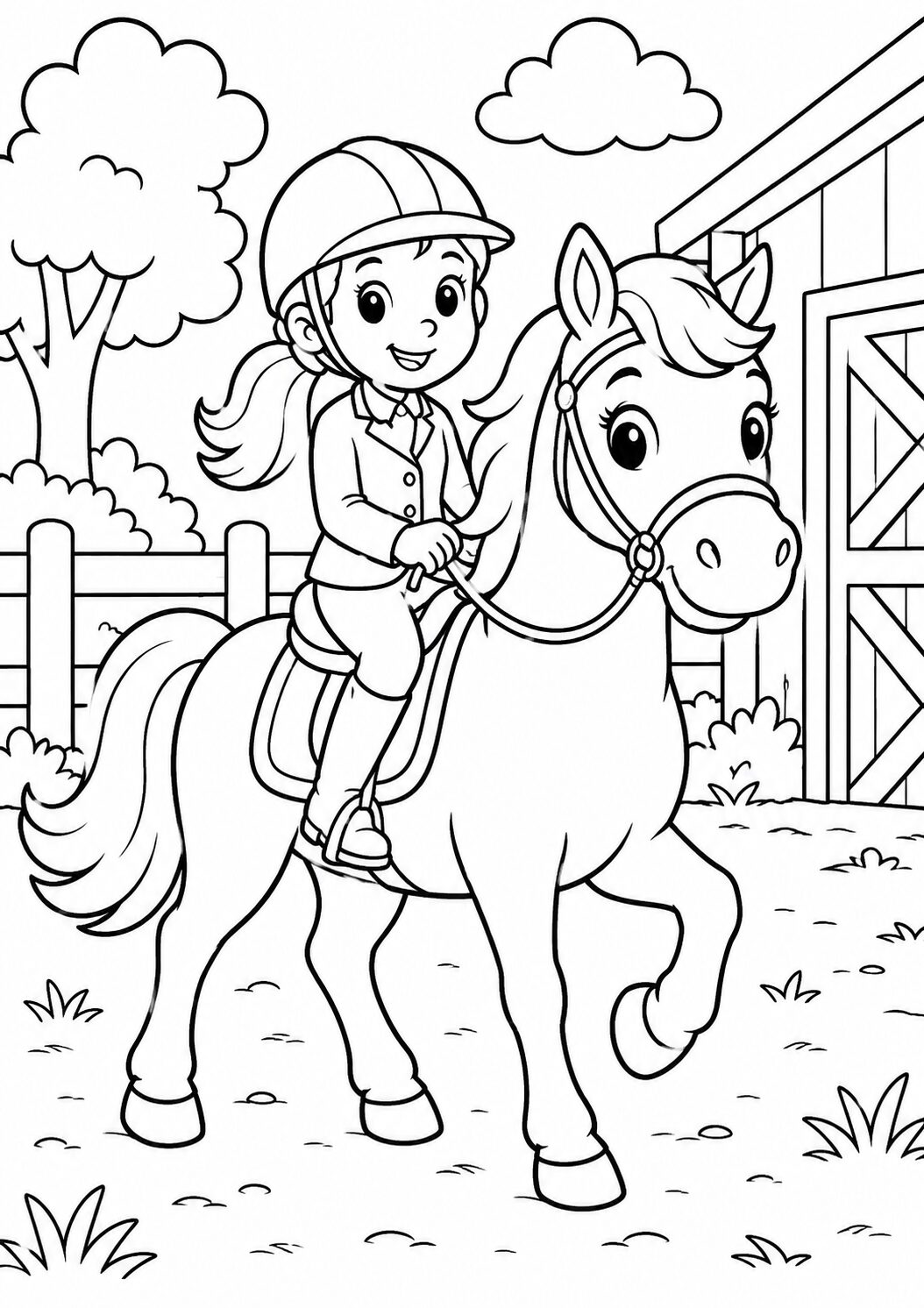 A cute coloring page depicting a smiling girl riding a horse with a stable, trees, and clouds in the background, providing a fun and creative activity for children.