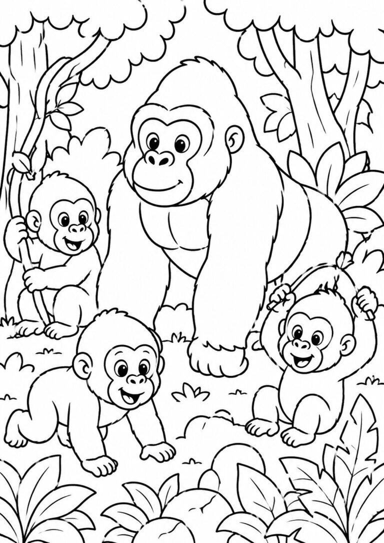 A delightful coloring page showing a gorilla family in the jungle with a large gorilla and three baby gorillas playing among trees and plants.