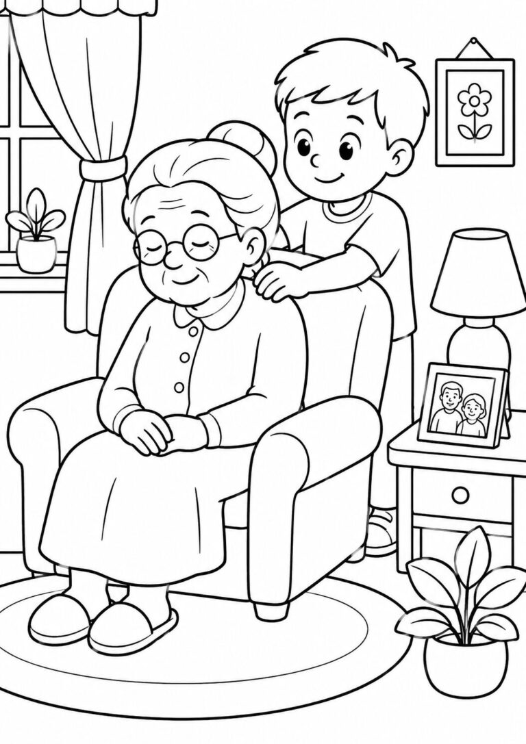 A child massaging their grandparent's shoulders in a comfortable room. The grandparent is seated in an armchair with plants and framed photos around them, creating a warm family atmosphere.