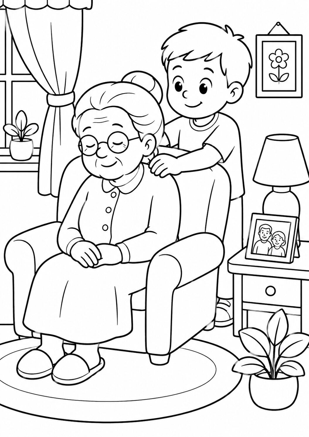 A child massaging their grandparent's shoulders in a comfortable room. The grandparent is seated in an armchair with plants and framed photos around them, creating a warm family atmosphere.