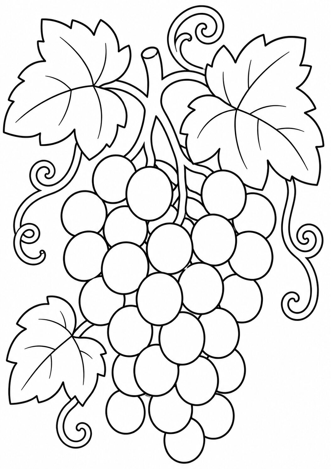 A detailed grape coloring page showing a bunch of grapes with large leaves and elegant vines, designed for children to color. This page encourages creativity and can be brought to life with vibrant colors.