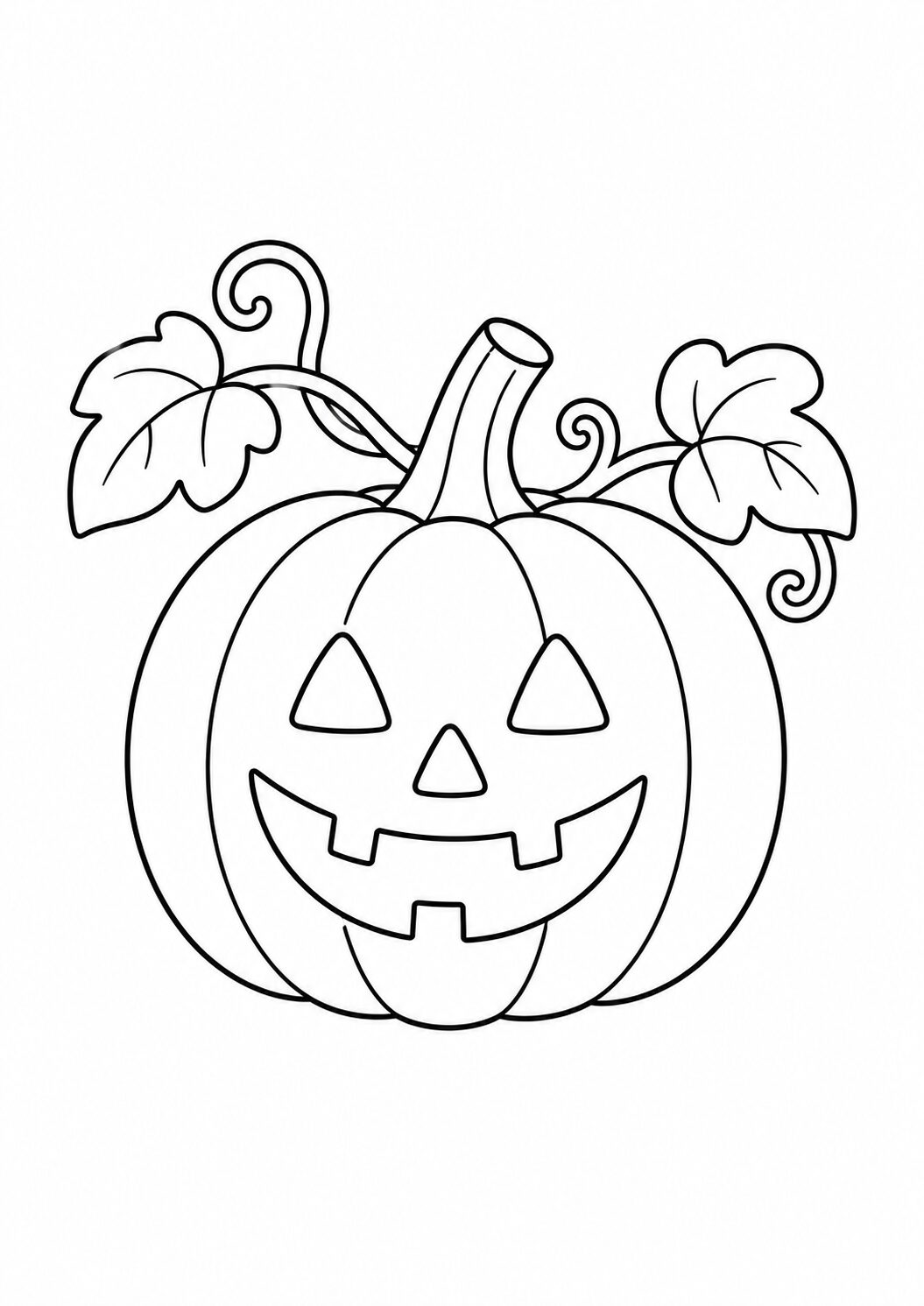 A coloring page showing a Halloween pumpkin with a smiling face and decorative vines, ideal for children to color in festive autumn colors.