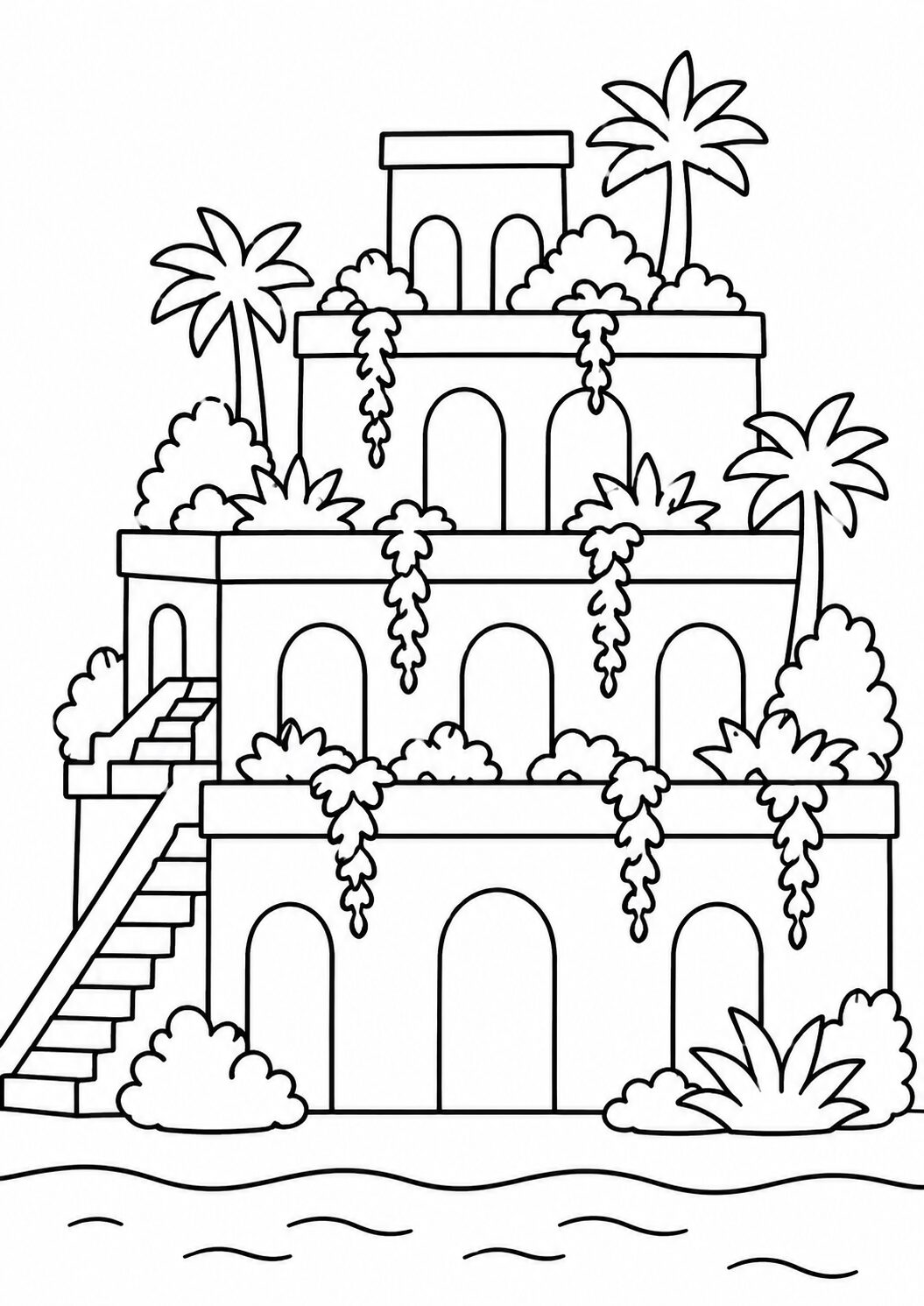 A detailed coloring page showing the Hanging Gardens of Babylon, complete with layered terraces, lush foliage, and a peaceful water scene, ideal for children to explore and add vibrant colors.