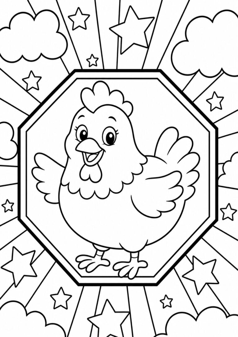 A coloring page with a happy chicken in the center, surrounded by clouds and stars. Enclosed in a geometric shape, the design encourages creative coloring for children.
