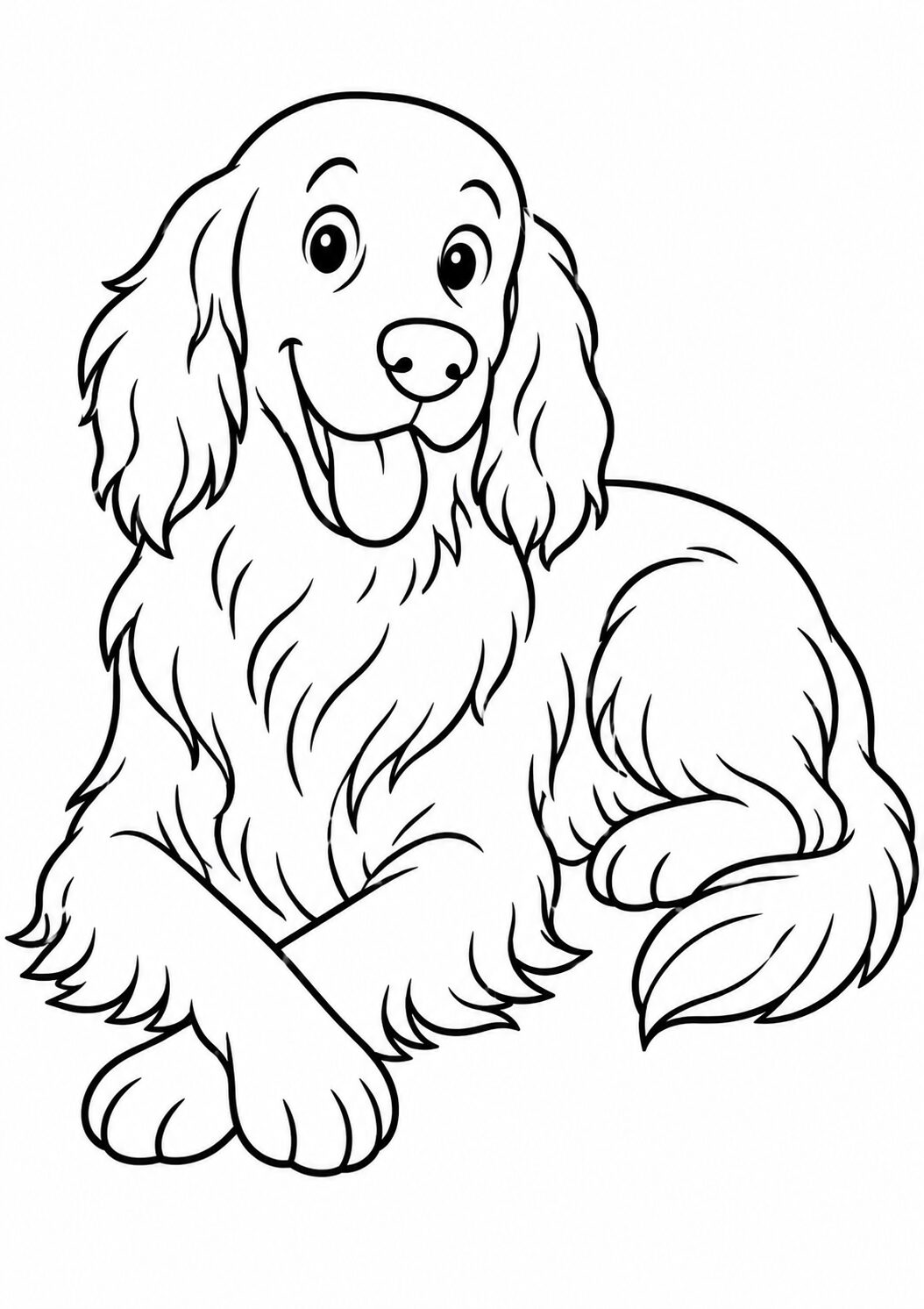 A coloring page of a cheerful dog sitting with its tongue out, featuring fluffy fur and bright eyes, perfect for kids to color and enjoy.