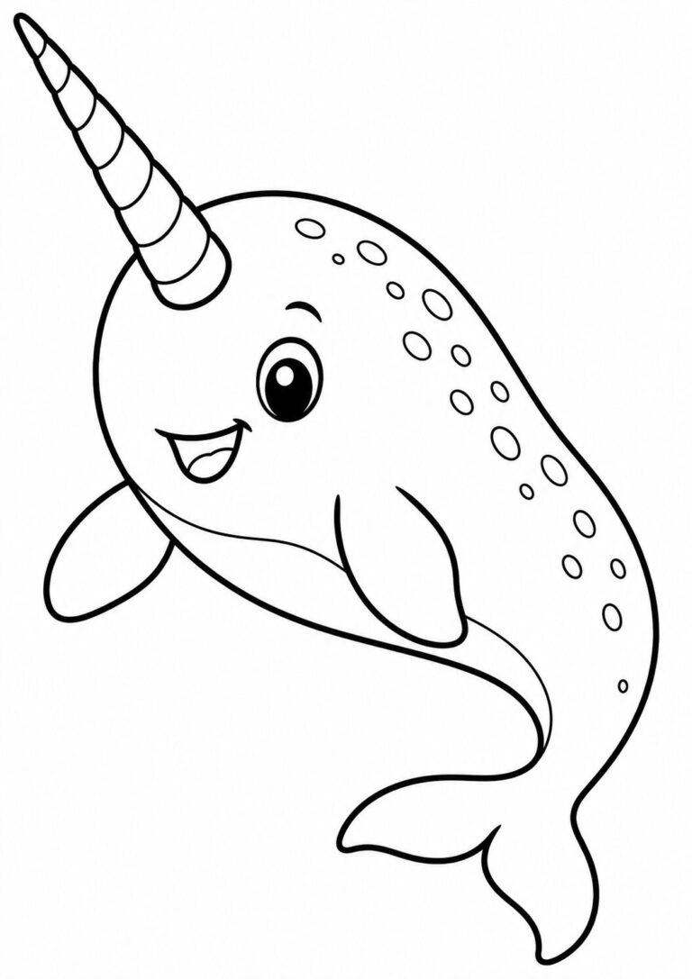 Children's coloring page showing a happy narwhal with a long horn and cheerful expression. Perfect for kids who love sea creatures.
