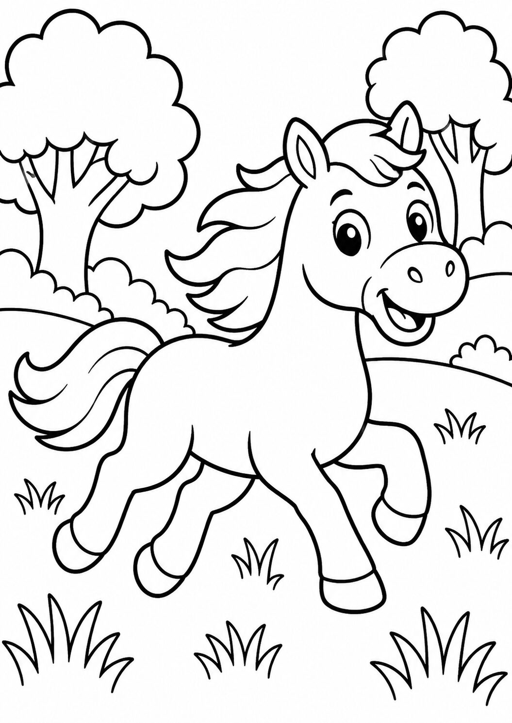 A cheerful pony galloping through a grassy field with trees and bushes, perfect for children to color and enhance their artistic skills.