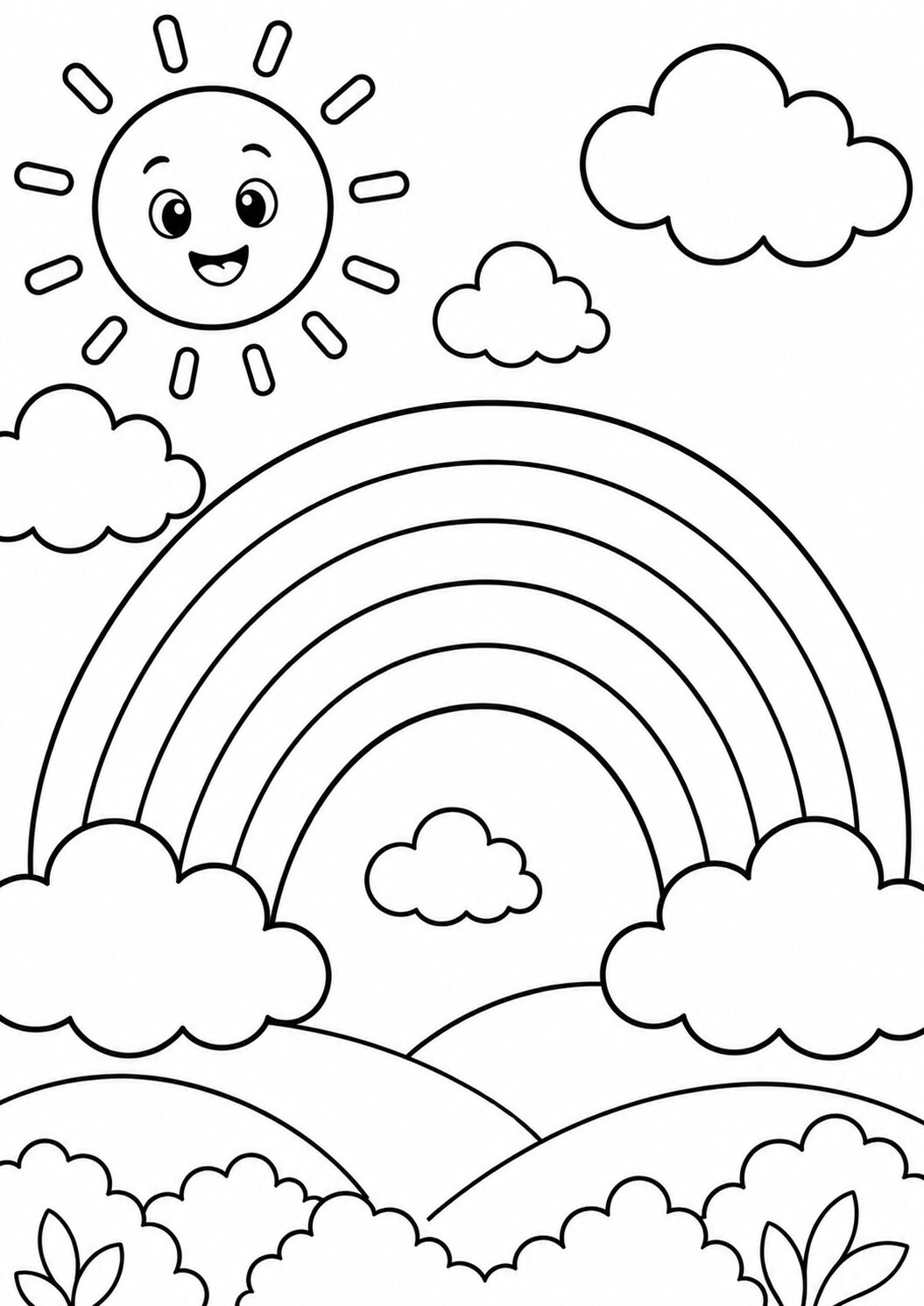 Children can color a scenery with a cheerful sun, a rainbow arching across the sky, and fluffy clouds over rolling hills, creating a lively nature scene.