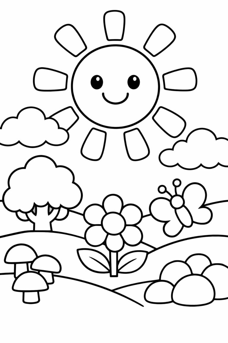 A cheerful coloring page for kids showcasing a smiling sun above a scenic landscape with trees, a charming butterfly, and bright flowers inviting creative color expression.