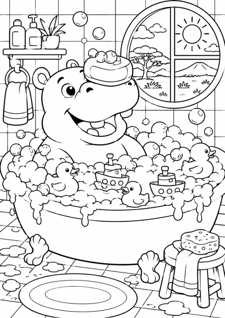 A cheerful hippo splashes in a bath filled with bubbles. Rubber ducks and toy boats float around playfully in the sudsy water. Outside the bathroom window, a sunny day and mountains can be seen, completing this whimsical scene.