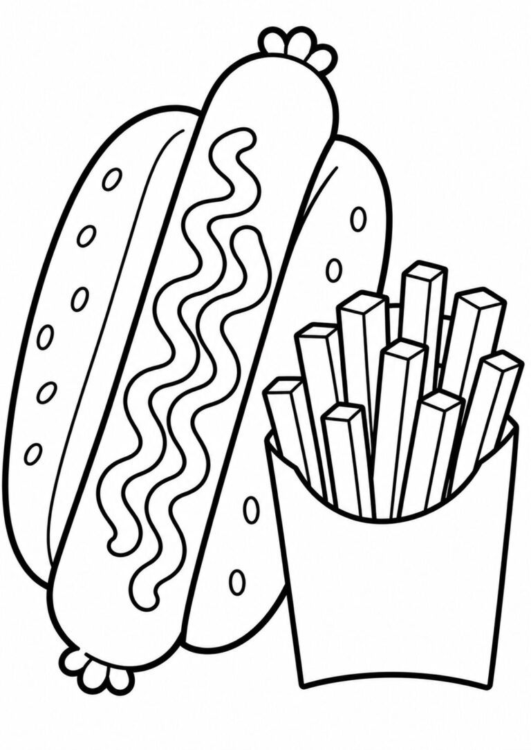 Children can color a hot dog with toppings alongside a box of fries on this exciting coloring page.