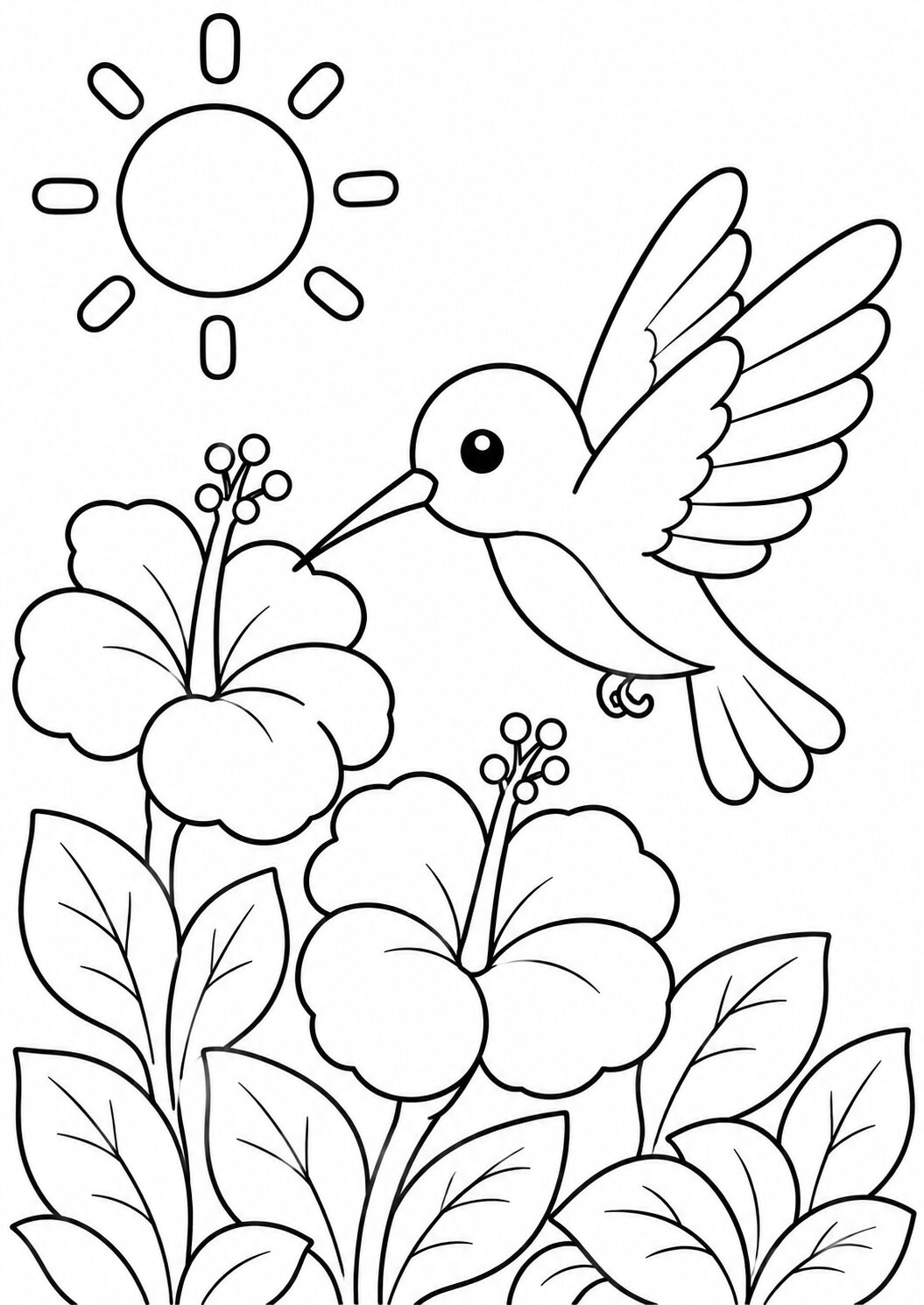 A cheerful coloring page showing a hummingbird hovering in front of blooming hibiscus flowers beneath a bright sun. This scene offers young artists an engaging way to explore nature's beauty and enhance their coloring skills with birds and blossoms.