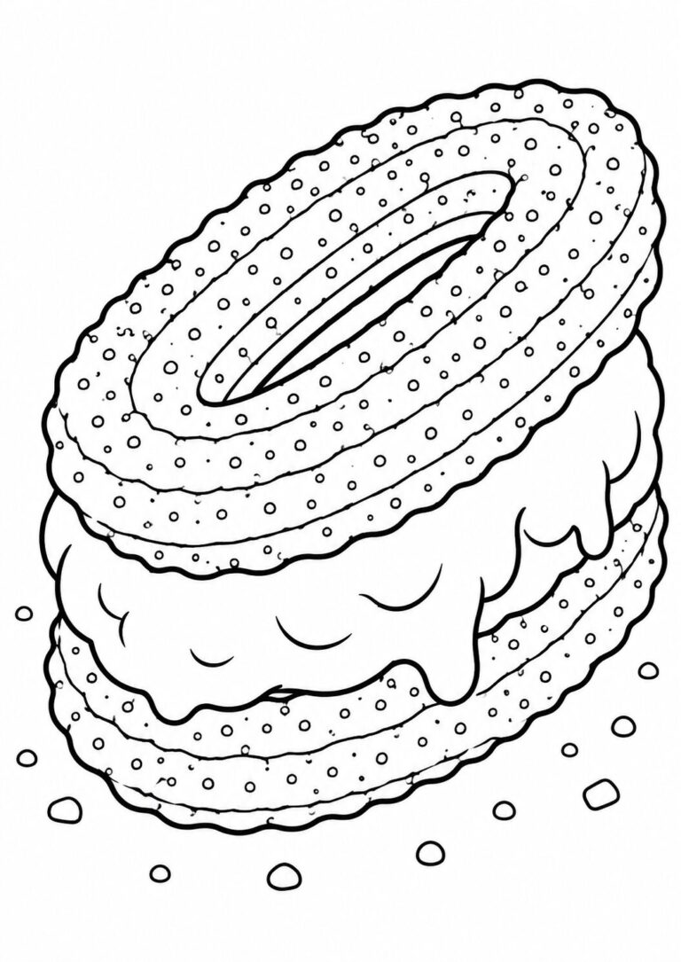 A coloring page depicting a detailed ice cream sandwich with sprinkles and frosting. Perfect for kids to unleash their creativity while coloring this delightful dessert-themed illustration.