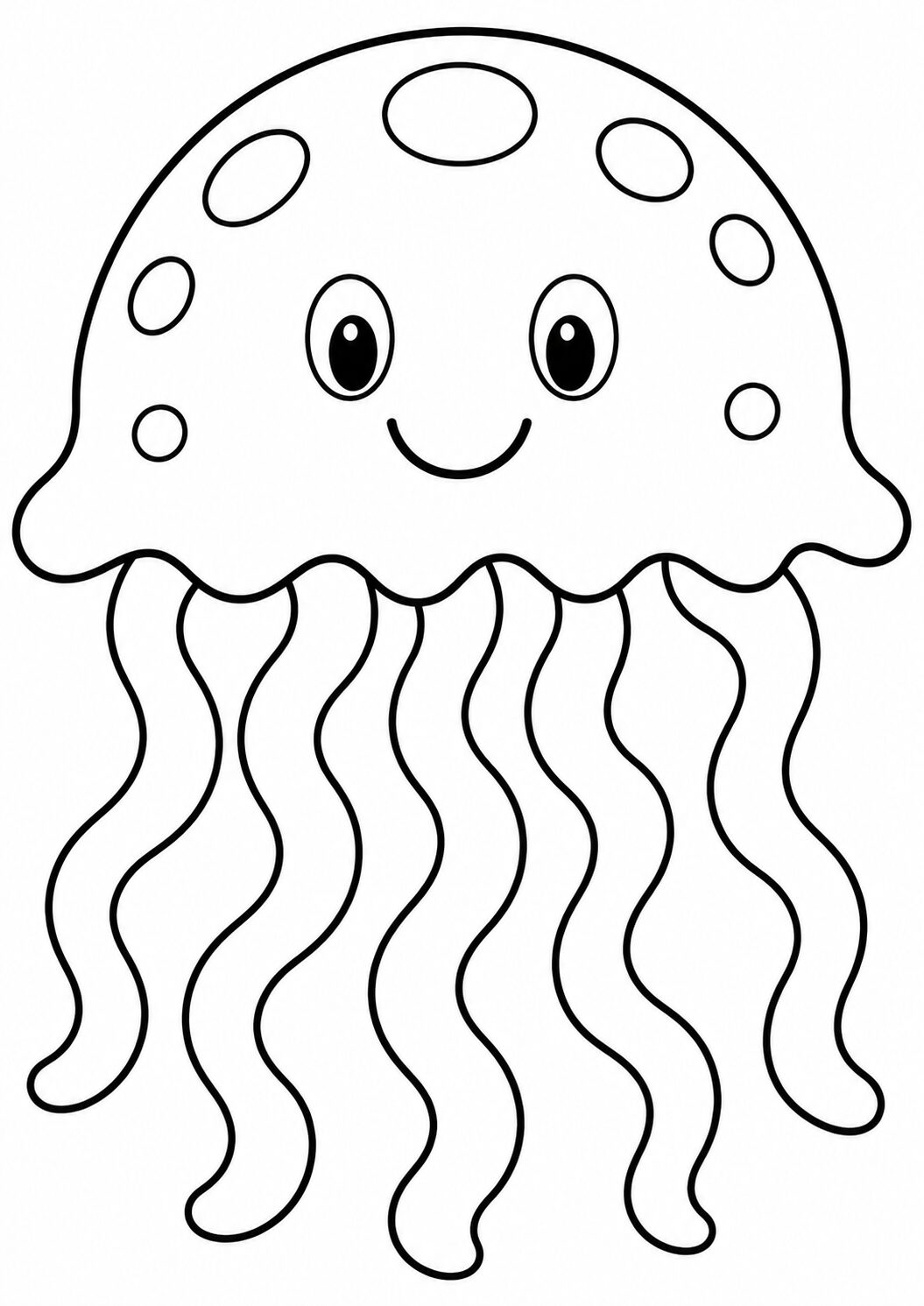 A cute and smiling jellyfish on a children's coloring page. The jellyfish has big eyes and a set of flowing tentacles, inviting kids to explore their creativity with colors in an underwater theme.