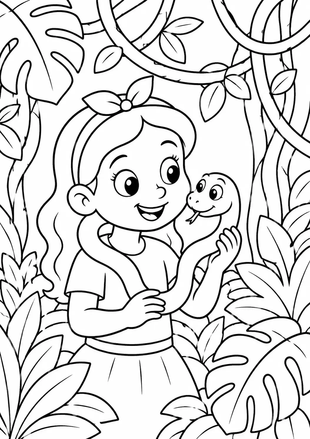 A coloring page featuring a smiling child holding a friendly snake in a jungle setting with large leaves and vines. This inviting scene encourages kids to color and engage with themes of nature and exploration.