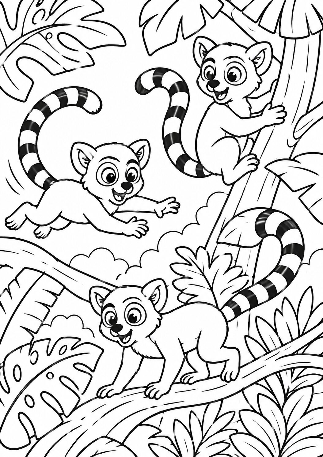 Coloring page with three cheerful lemurs in jungle. They swing on trees with striped tails, surrounded by lush leaves and trees. This page provides an enjoyable wildlife scene for children to color and learn about lemurs.