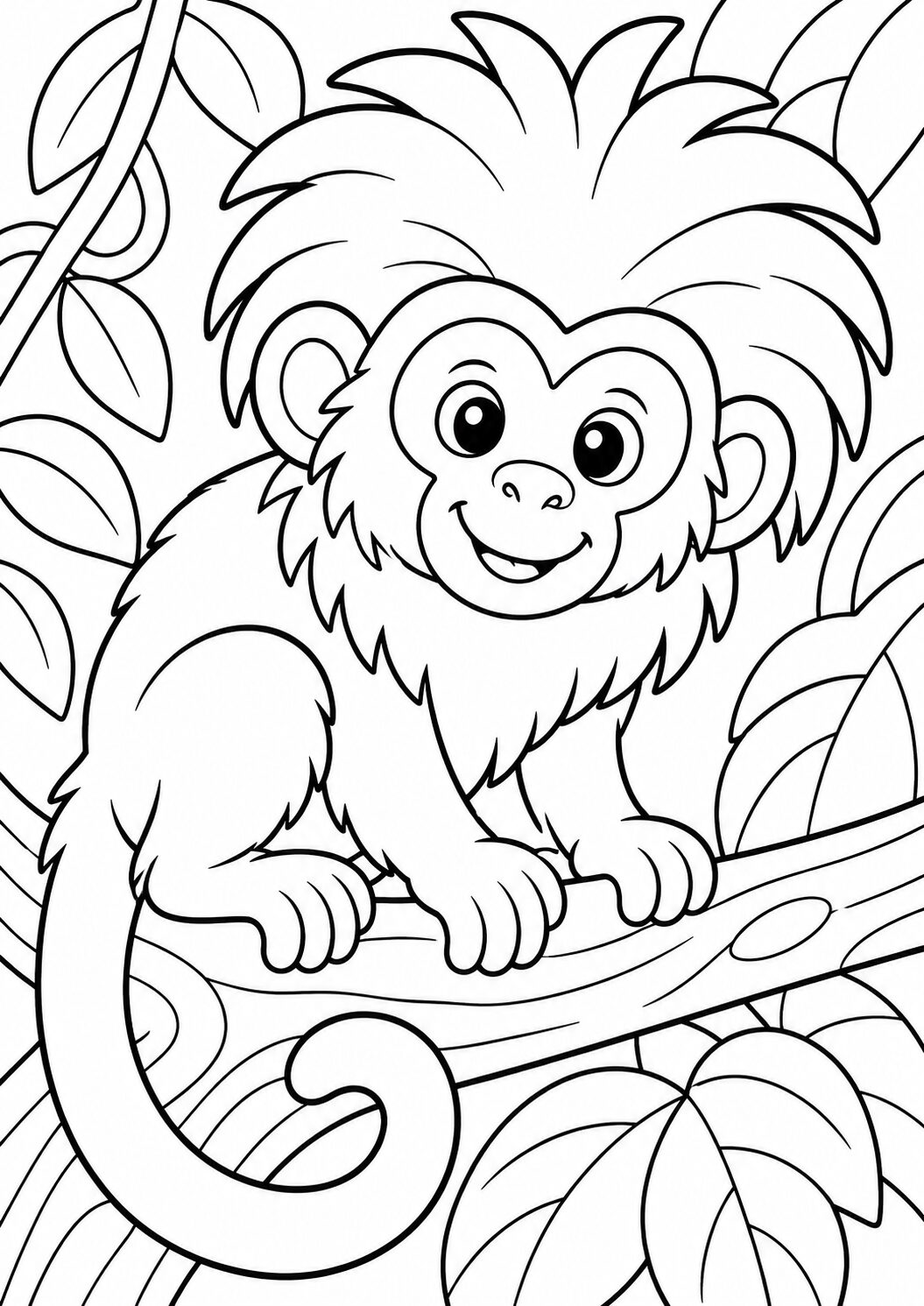 An adorable jungle monkey sitting on a branch surrounded by leaves in this coloring page, inviting children to use their creativity to bring the playful scene to life.