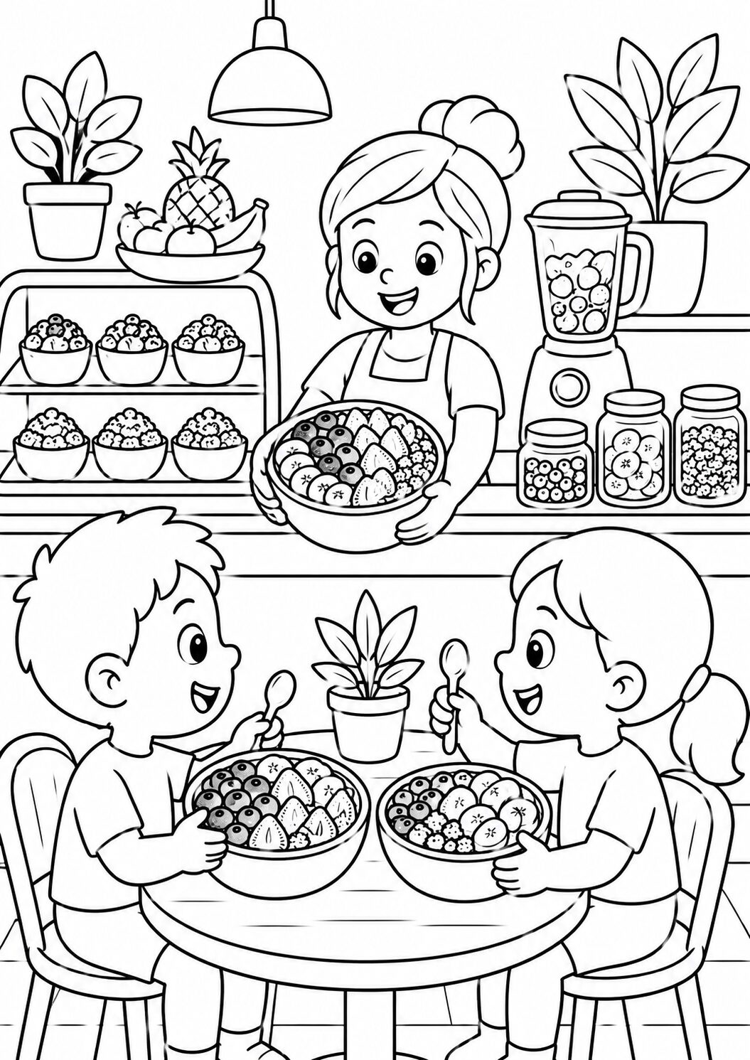 A charming café scene with children eating colorful fruit bowls and a vendor serving behind the counter, ready to be filled with vibrant colors.