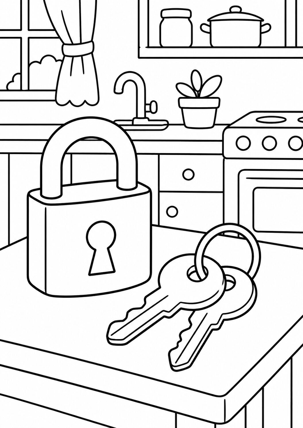 A detailed coloring page showcasing a kitchen scene with a large padlock and keys on the counter, alongside a stove, sink, and potted plant.
