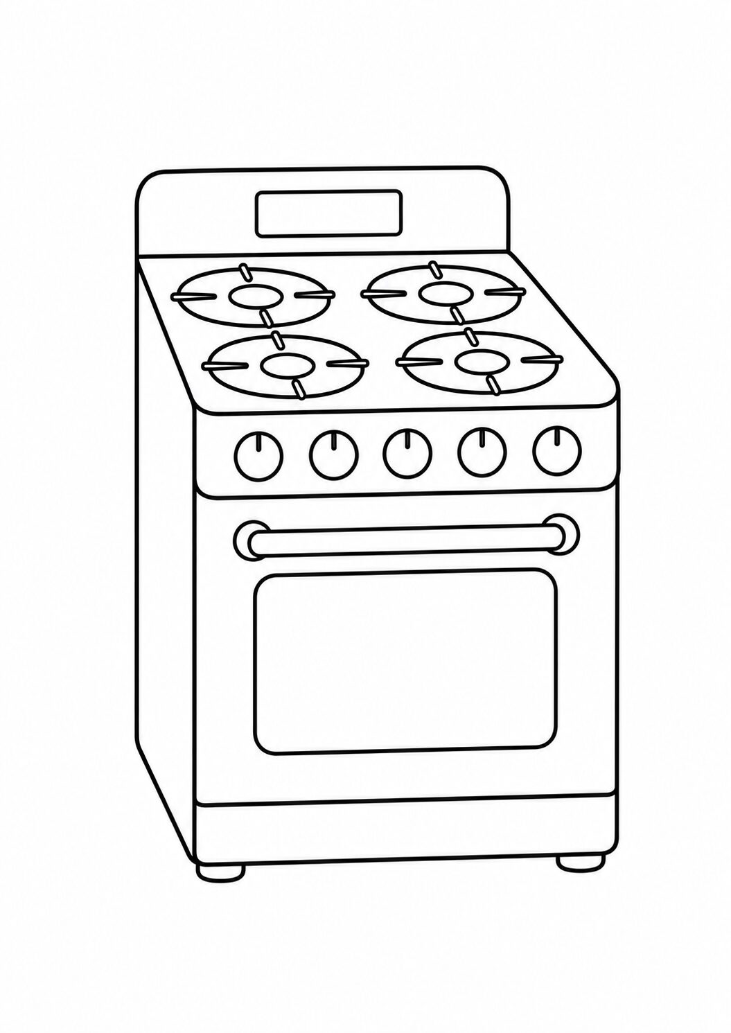 A detailed coloring page showing a kitchen stove with knobs and burners, inviting children to add their own colors and styles to this household appliance illustration.