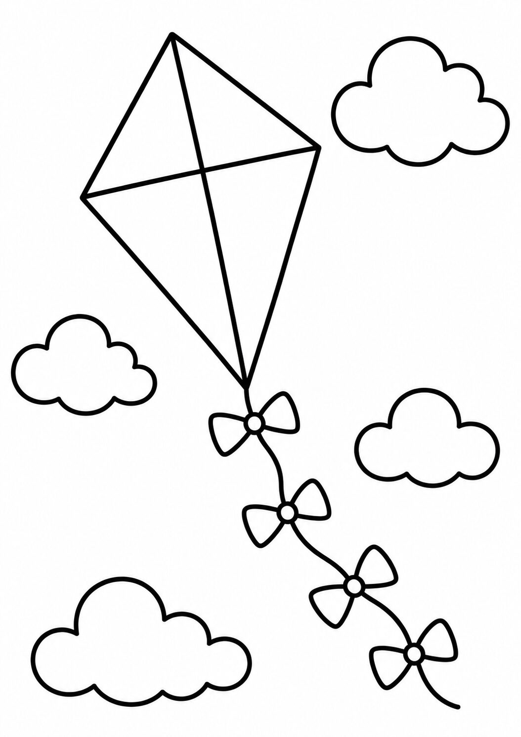 Kite soaring among clouds, decorated with bows, providing a simple and engaging coloring experience for children.